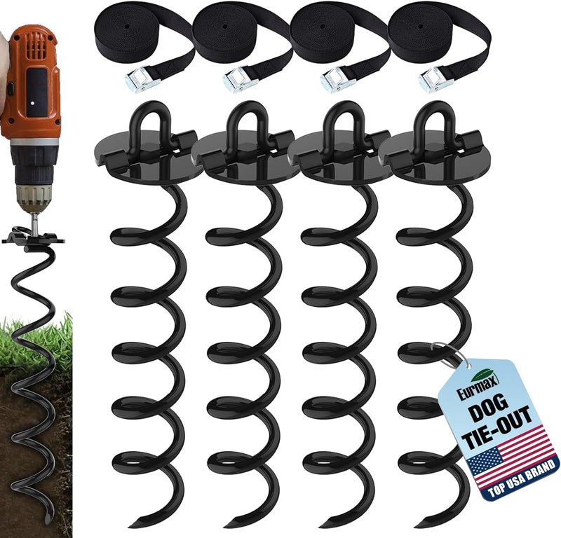 Eurmax USA 4-Pc Pack Spiral Stakes Heavy Duty Anchor Kit Ice Screw Anchor for Trampoline, Tents, tarps, Canopies,car Ports,Dog tie Out and etc Bonus Tie Down Straps 4-Pc Pack (Black) - Image 1